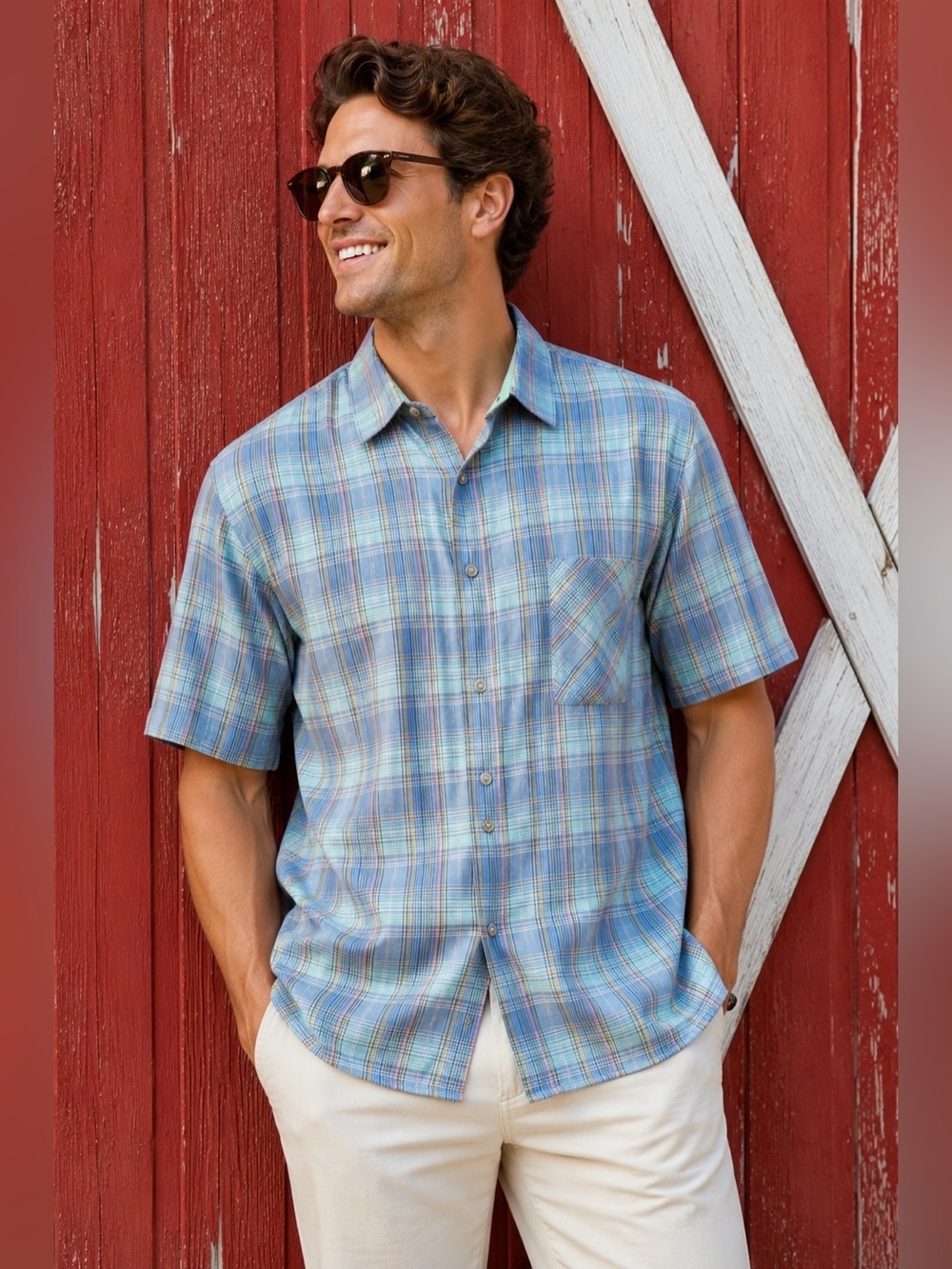 Tommy Bahama Blue Plaid Linen Blend Button-Up Shirt – Men’s Large – Short Sleeve